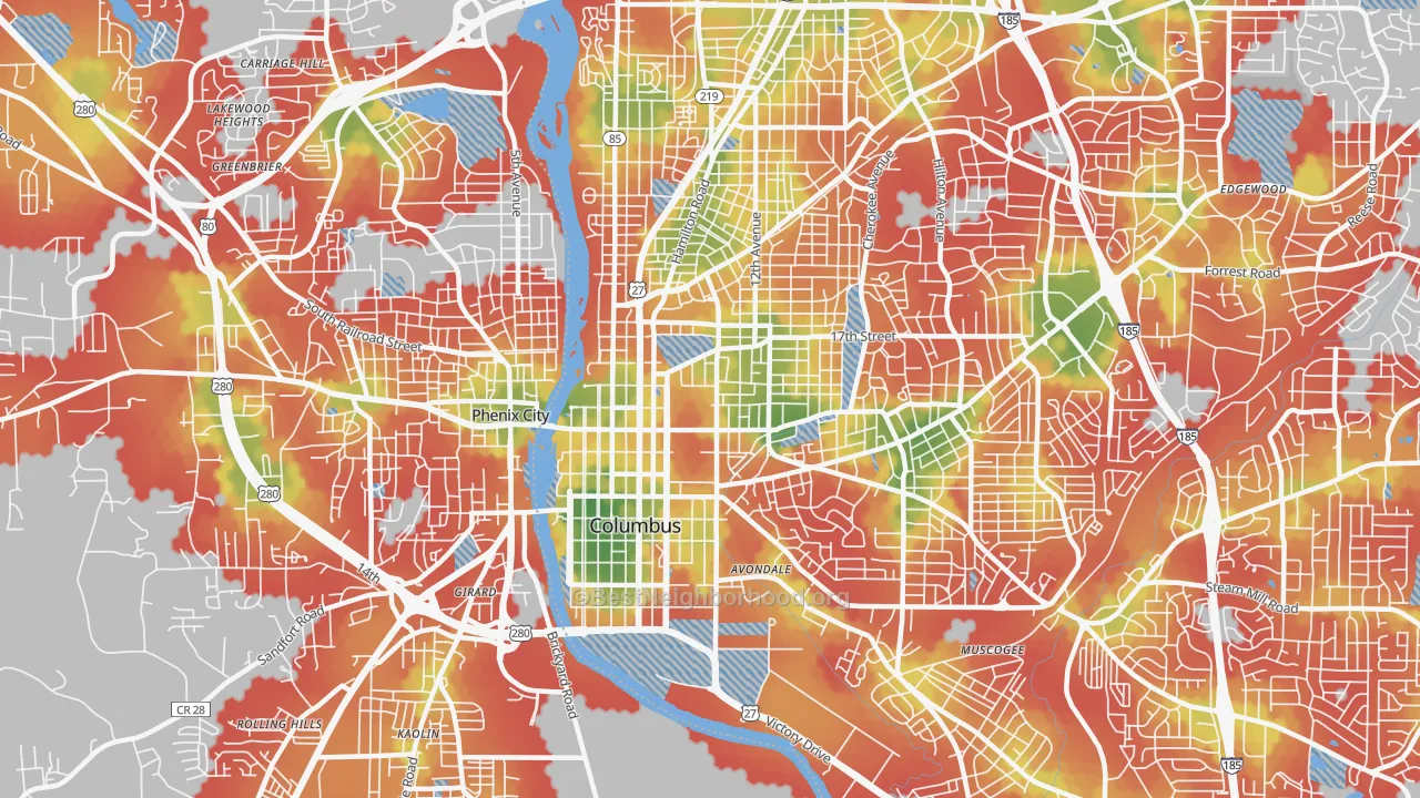 Walk Grade map of 31901, GA, walkable areas in green and car-dependent areas in red