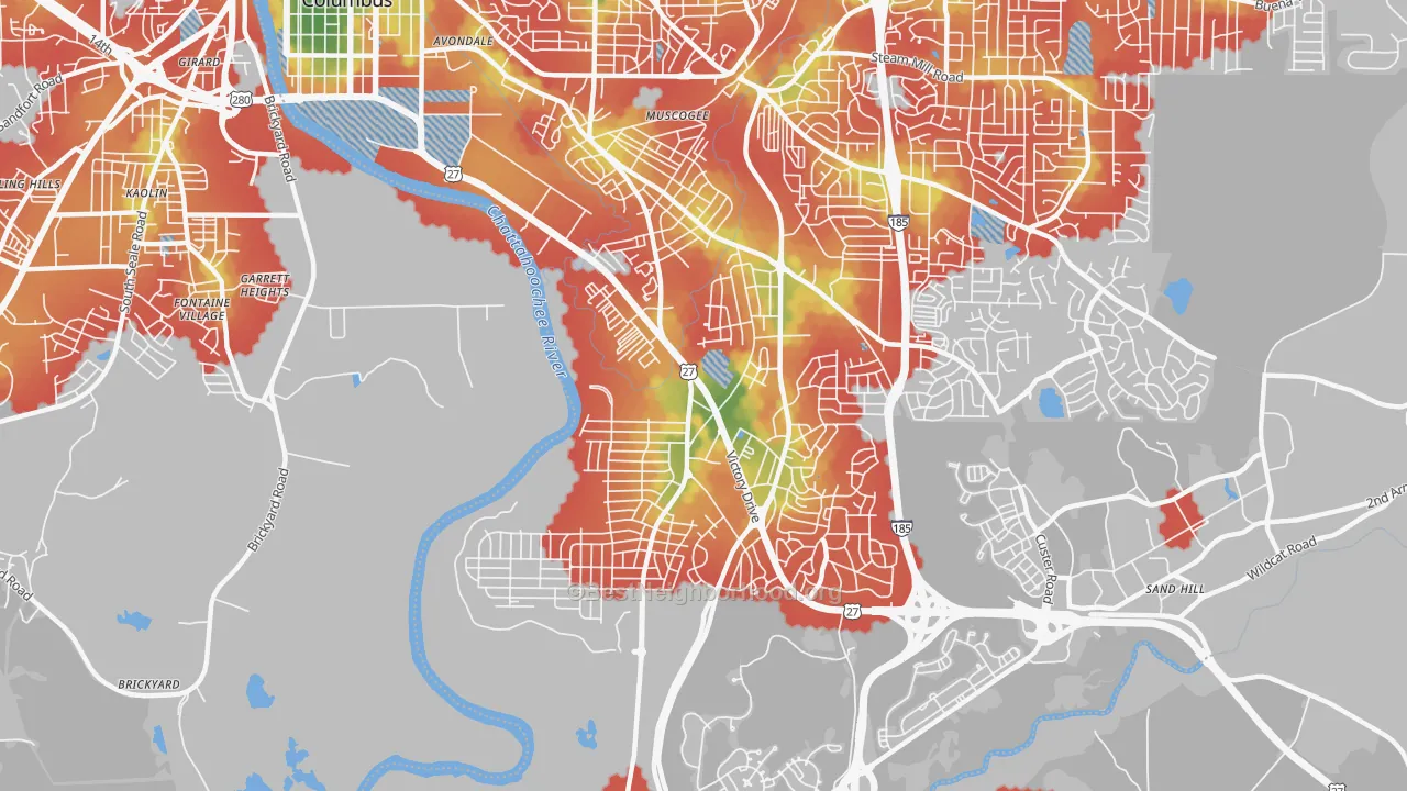 Walk Grade map of 31903, GA, walkable areas in green and car-dependent areas in red