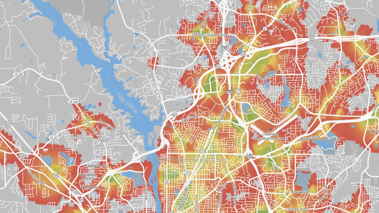 Walk Grade map of 31904, GA, walkable areas in green and car-dependent areas in red