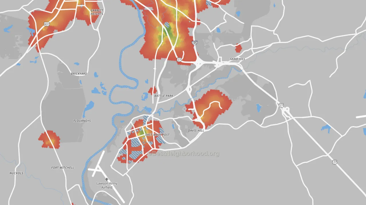 Walk Grade map of 31905, GA, walkable areas in green and car-dependent areas in red