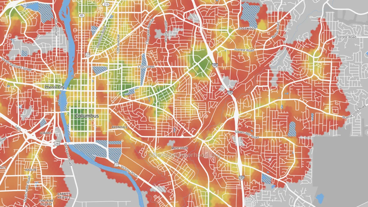 Walk Grade map of 31906, GA, walkable areas in green and car-dependent areas in red
