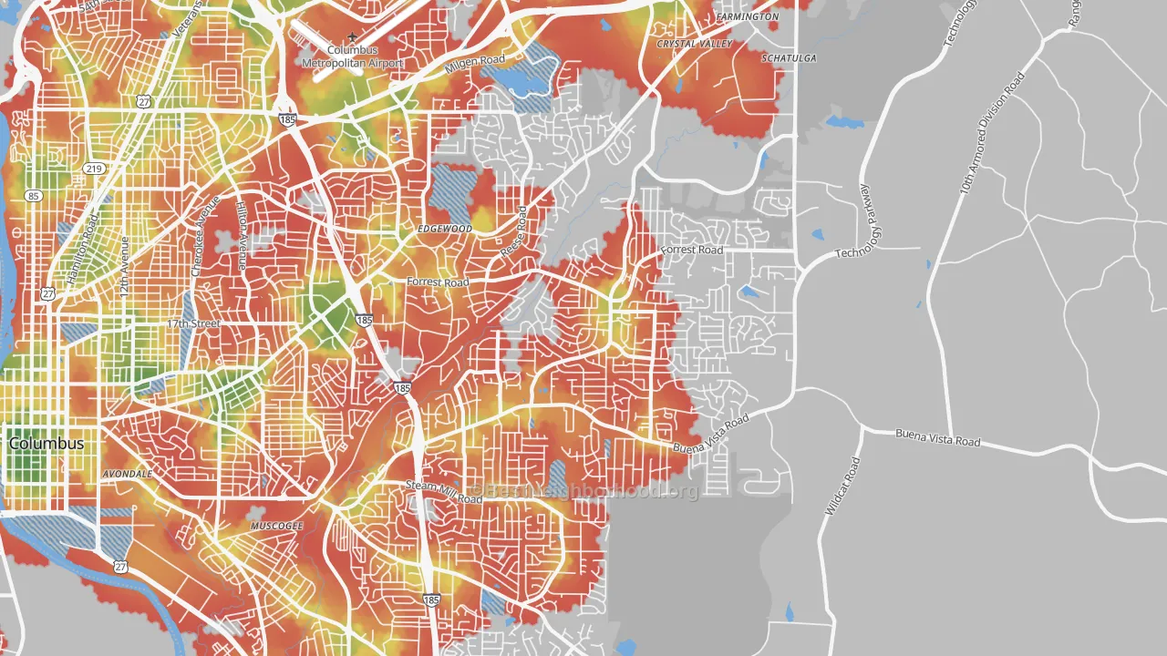 Walk Grade map of 31907, GA, walkable areas in green and car-dependent areas in red