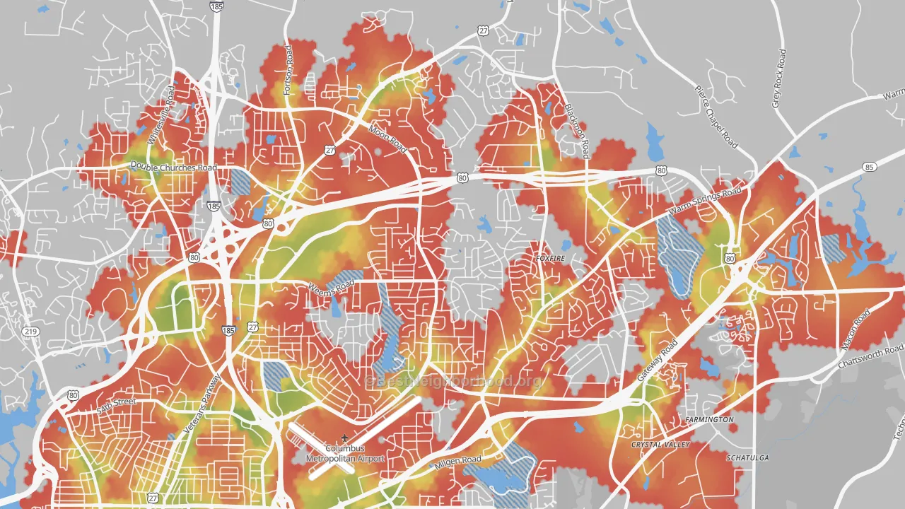 Walk Grade map of 31909, GA, walkable areas in green and car-dependent areas in red