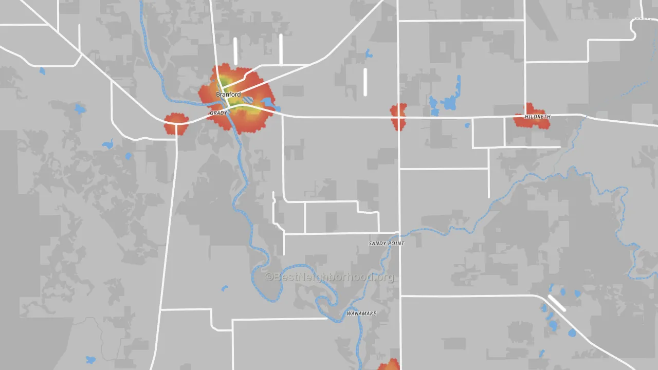 Walk Grade map of 32008, FL, walkable areas in green and car-dependent areas in red