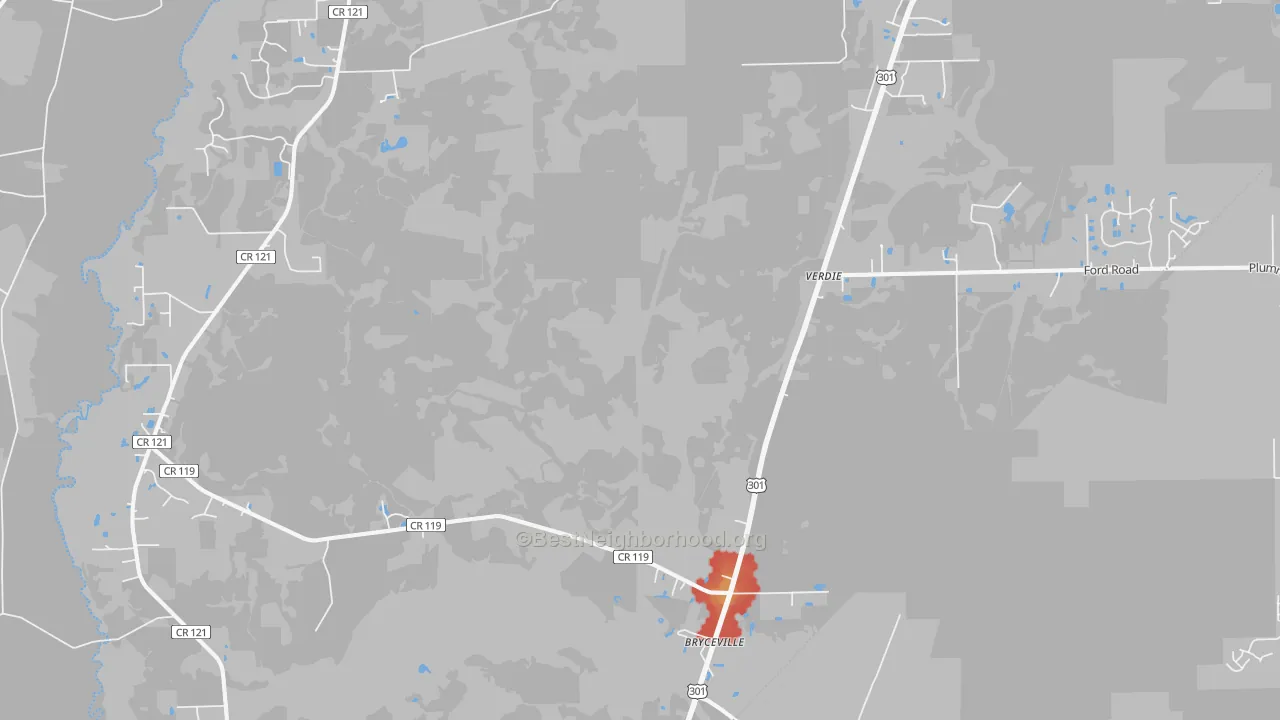 Walk Grade map of 32009, FL, walkable areas in green and car-dependent areas in red