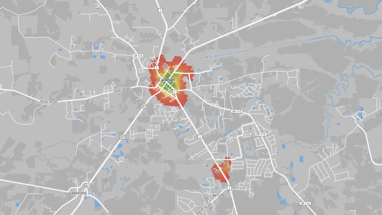 Walk Grade map of 32011, FL, walkable areas in green and car-dependent areas in red