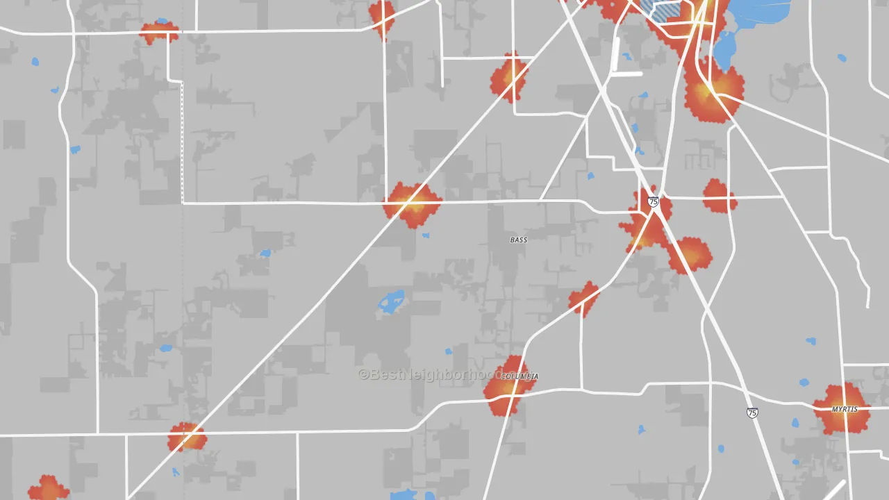Walk Grade map of 32024, FL, walkable areas in green and car-dependent areas in red