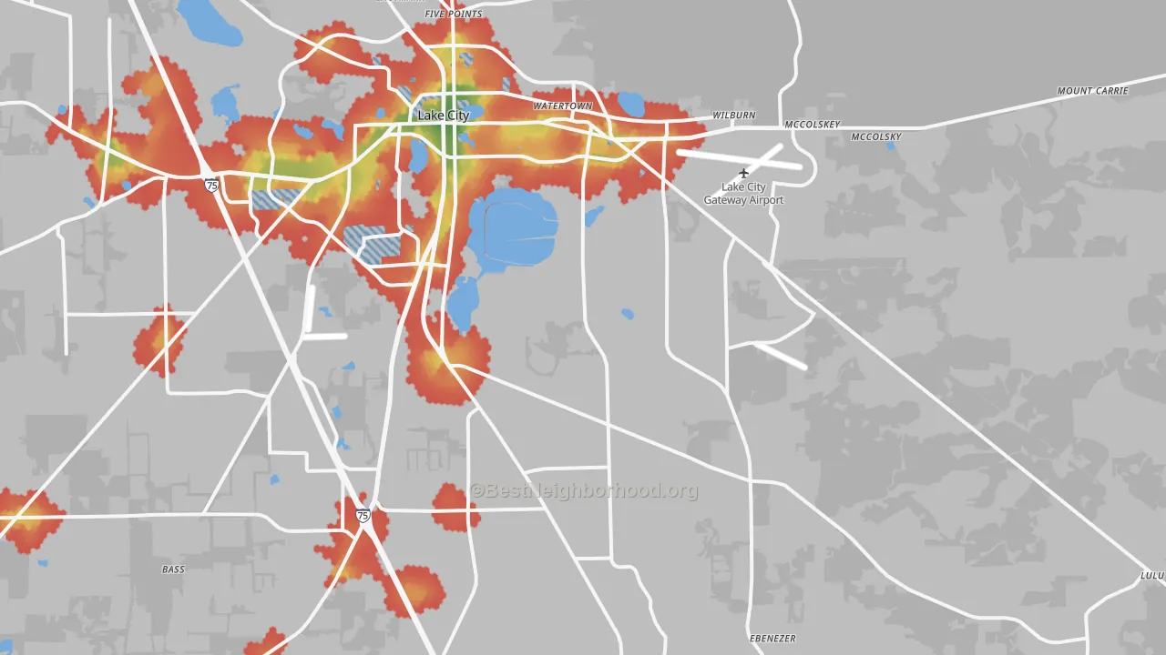 Walk Grade map of 32025, FL, walkable areas in green and car-dependent areas in red