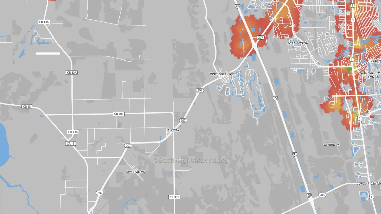 Walk Grade map of 32033, FL, walkable areas in green and car-dependent areas in red