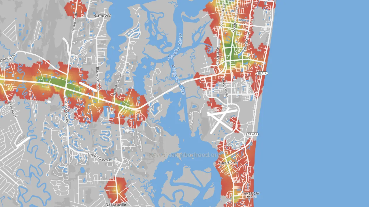 Walk Grade map of 32034, FL, walkable areas in green and car-dependent areas in red