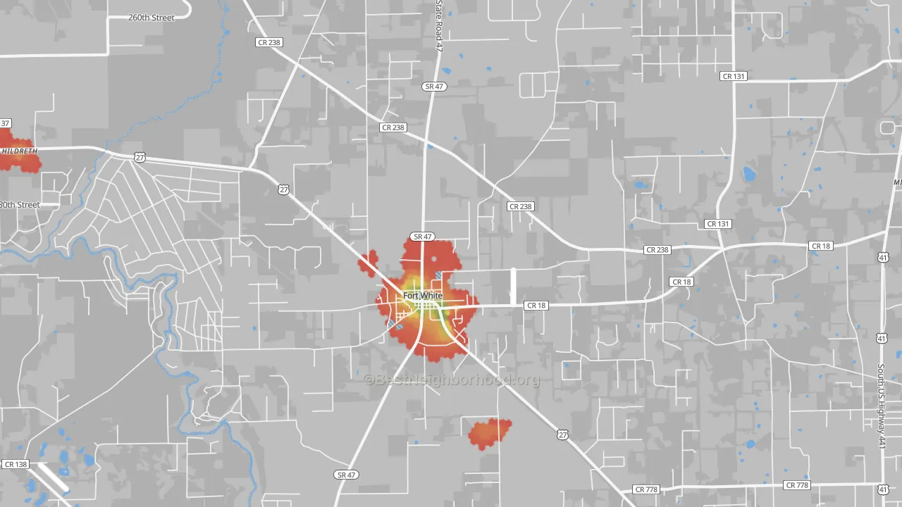 Walk Grade map of 32038, FL, walkable areas in green and car-dependent areas in red