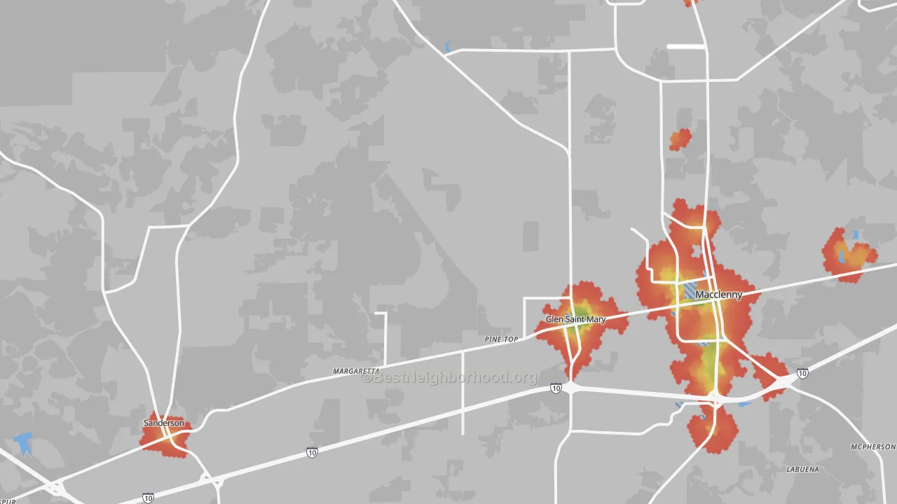 Walk Grade map of 32040, FL, walkable areas in green and car-dependent areas in red