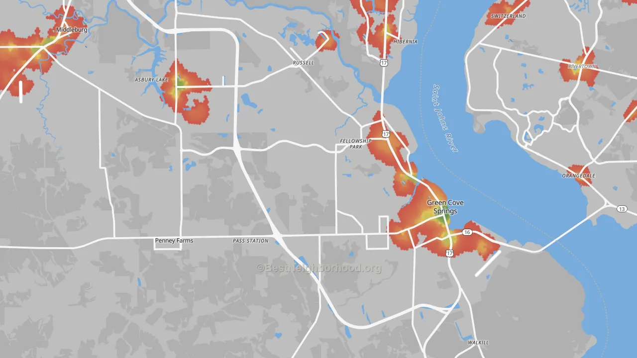 Walk Grade map of 32043, FL, walkable areas in green and car-dependent areas in red