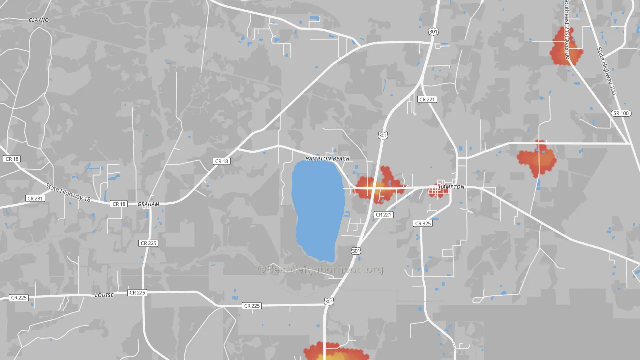 Walk Grade map of 32044, FL, walkable areas in green and car-dependent areas in red