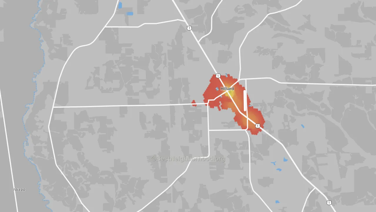 Walk Grade map of 32046, FL, walkable areas in green and car-dependent areas in red
