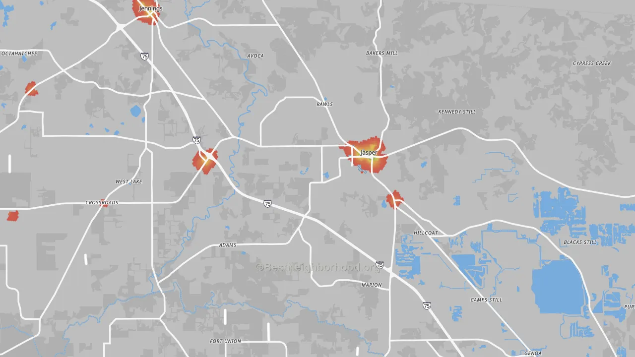 Walk Grade map of 32052, FL, walkable areas in green and car-dependent areas in red