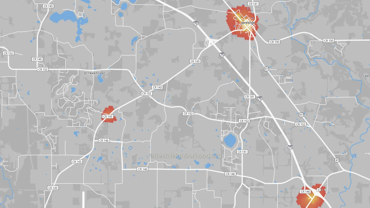 Walk Grade map of 32053, FL, walkable areas in green and car-dependent areas in red