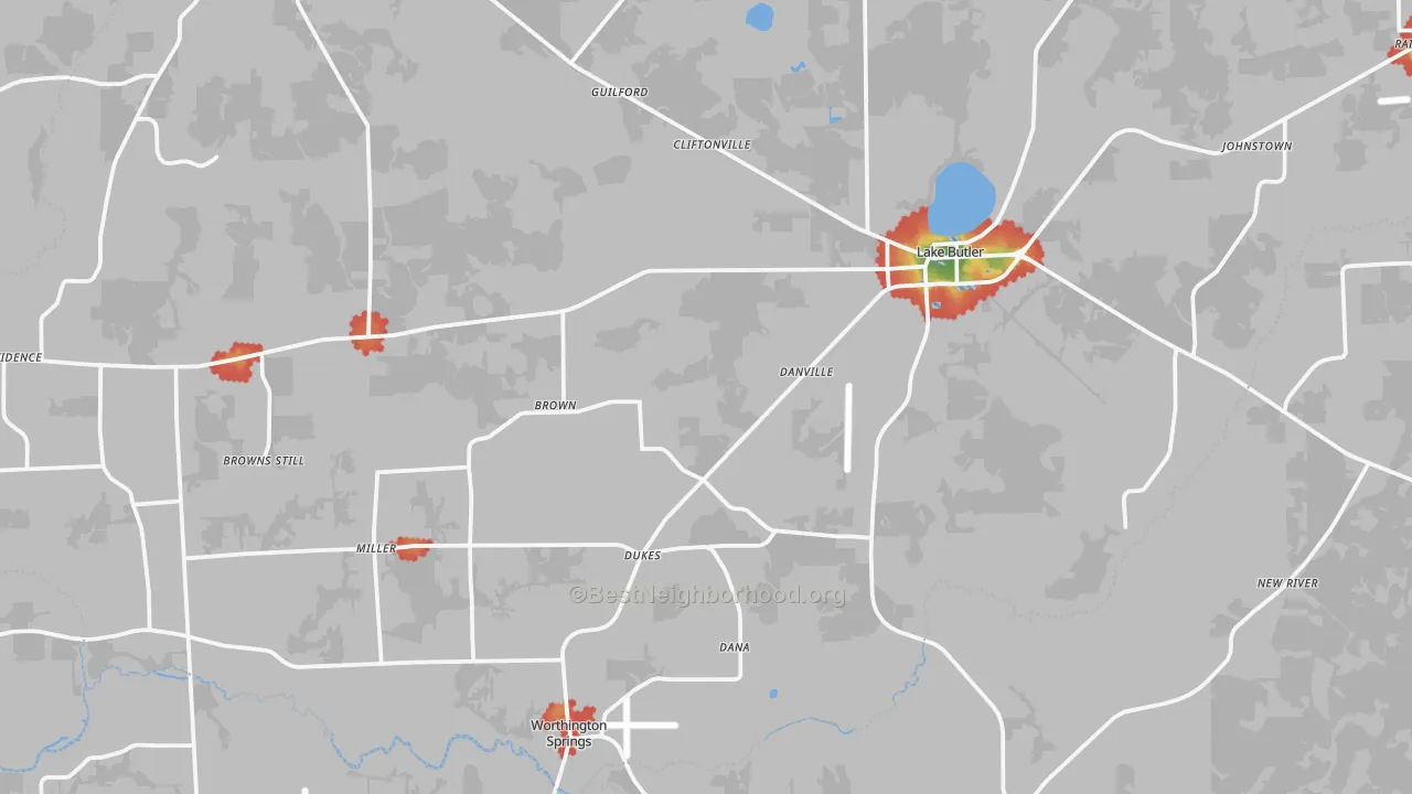 Walk Grade map of 32054, FL, walkable areas in green and car-dependent areas in red
