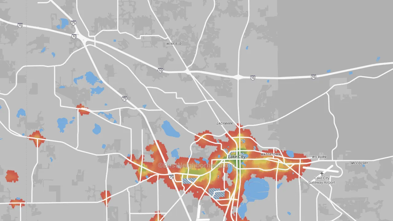 Walk Grade map of 32055, FL, walkable areas in green and car-dependent areas in red
