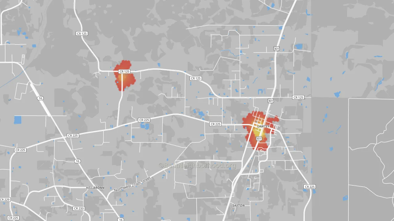Walk Grade map of 32058, FL, walkable areas in green and car-dependent areas in red