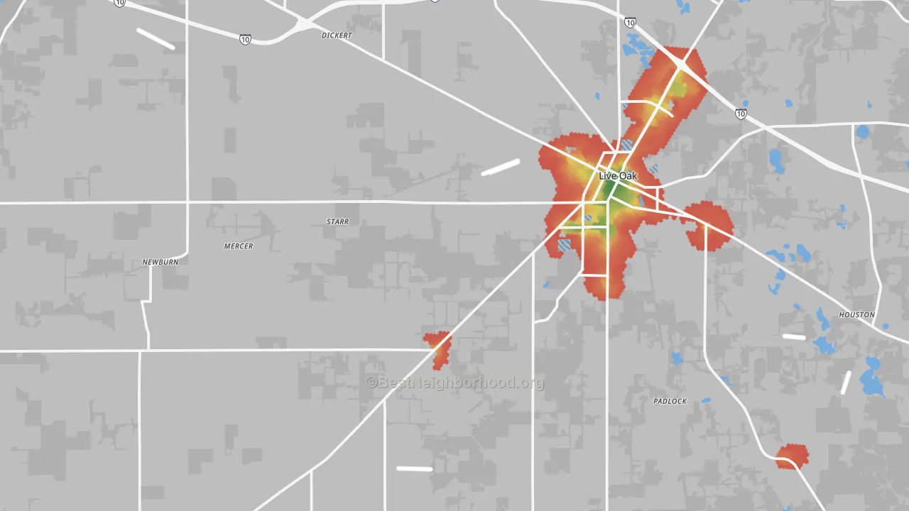 Walk Grade map of 32060, FL, walkable areas in green and car-dependent areas in red