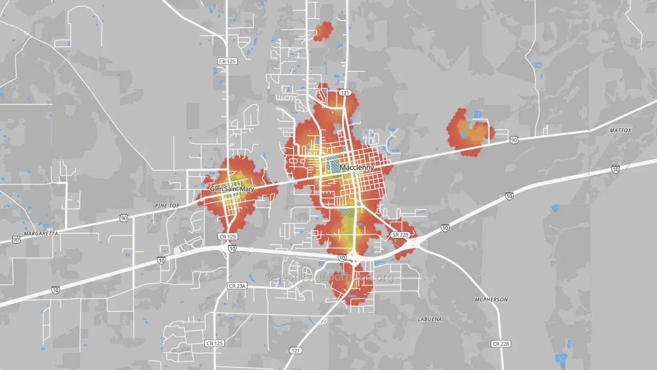 Walk Grade map of 32063, FL, walkable areas in green and car-dependent areas in red