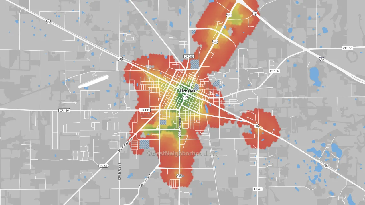 Walk Grade map of 32064, FL, walkable areas in green and car-dependent areas in red