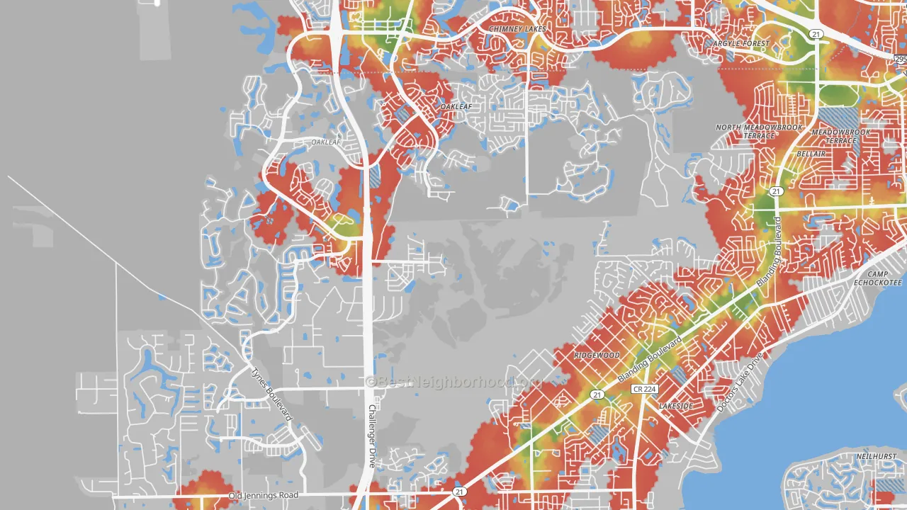 Walk Grade map of 32065, FL, walkable areas in green and car-dependent areas in red
