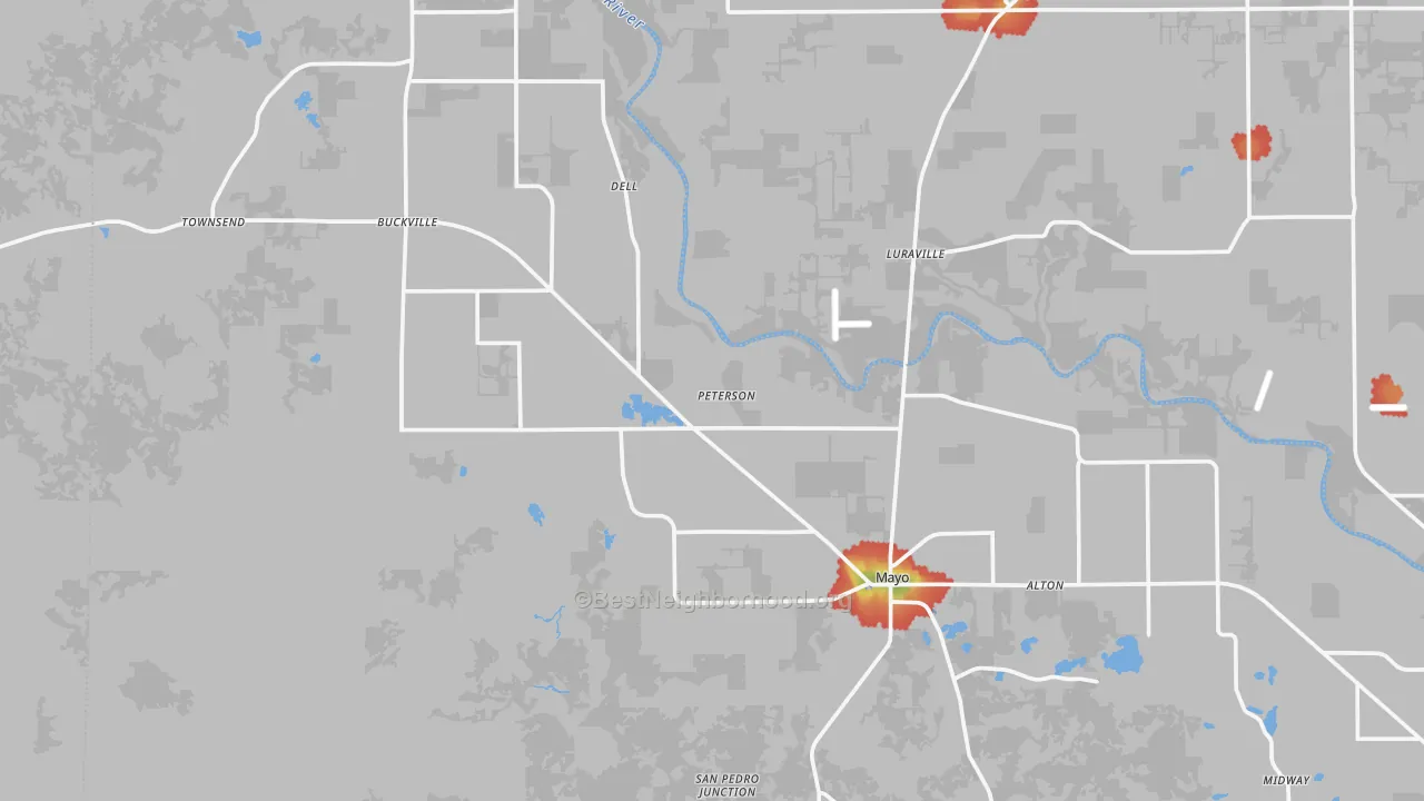 Walk Grade map of 32066, FL, walkable areas in green and car-dependent areas in red