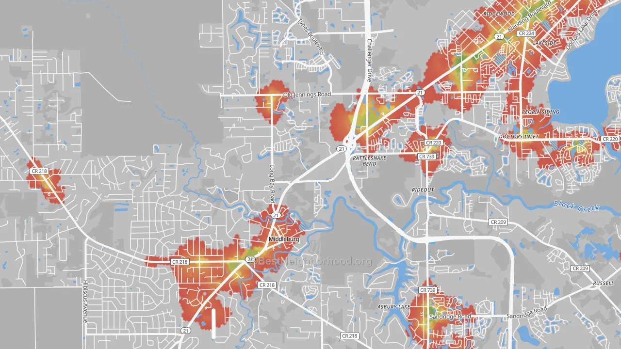 Walk Grade map of 32068, FL, walkable areas in green and car-dependent areas in red