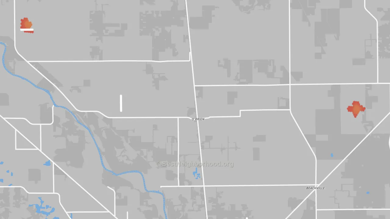 Walk Grade map of 32071, FL, walkable areas in green and car-dependent areas in red