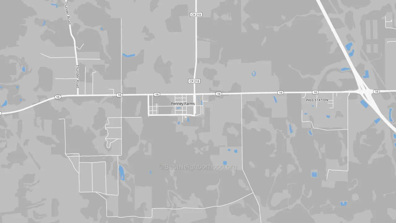 Walk Grade map of 32079, FL, walkable areas in green and car-dependent areas in red