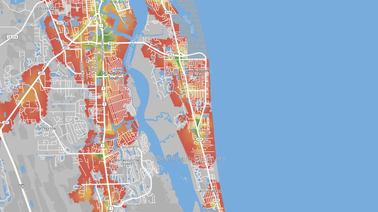 Walk Grade map of 32080, FL, walkable areas in green and car-dependent areas in red