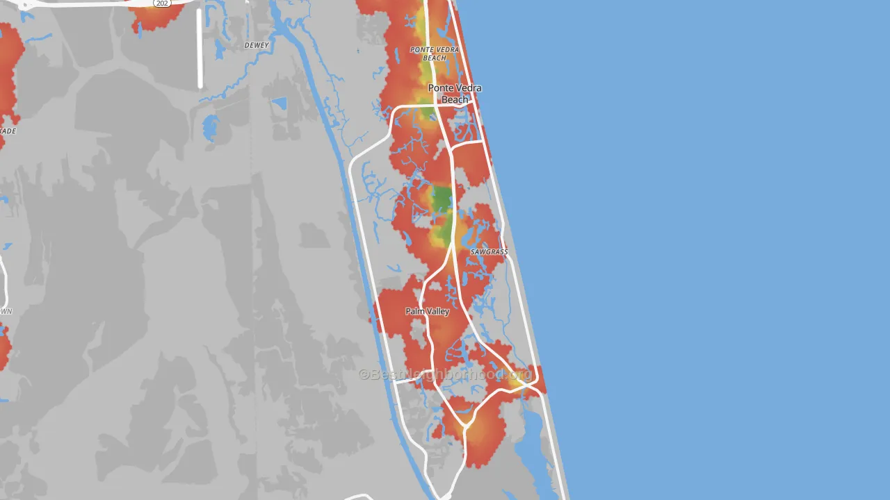 Walk Grade map of 32082, FL, walkable areas in green and car-dependent areas in red