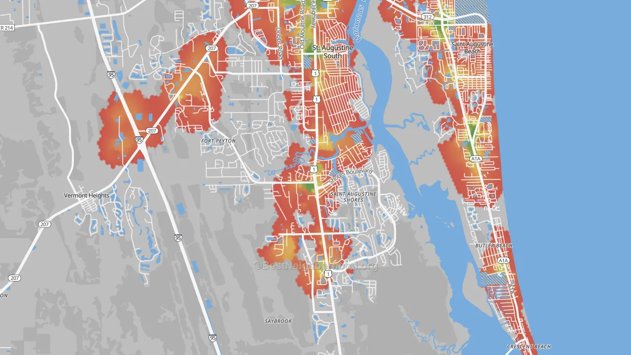Walk Grade map of 32086, FL, walkable areas in green and car-dependent areas in red