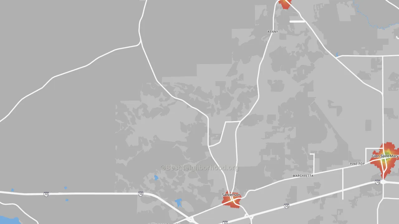 Walk Grade map of 32087, FL, walkable areas in green and car-dependent areas in red