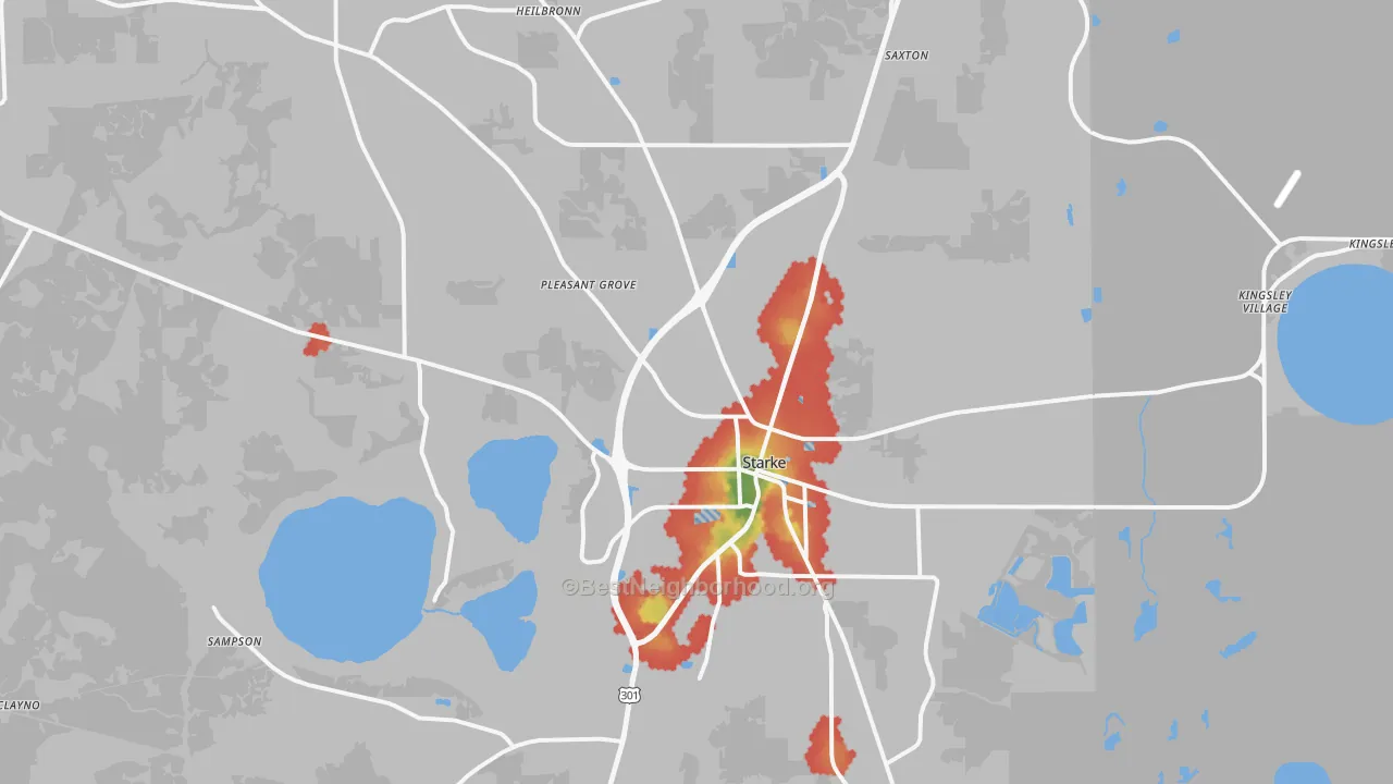 Walk Grade map of 32091, FL, walkable areas in green and car-dependent areas in red