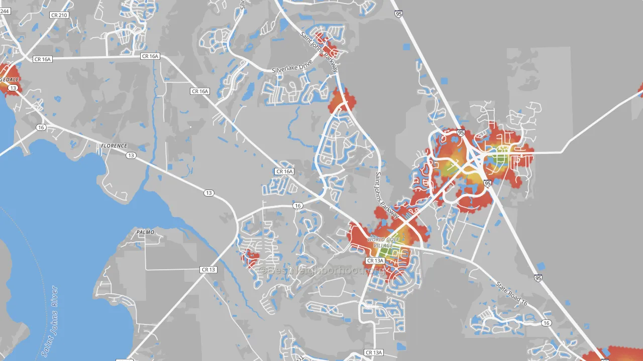 Walk Grade map of 32092, FL, walkable areas in green and car-dependent areas in red