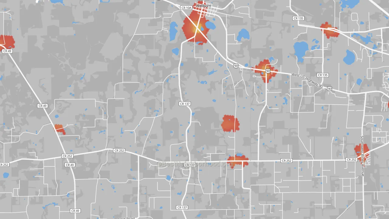 Walk Grade map of 32094, FL, walkable areas in green and car-dependent areas in red