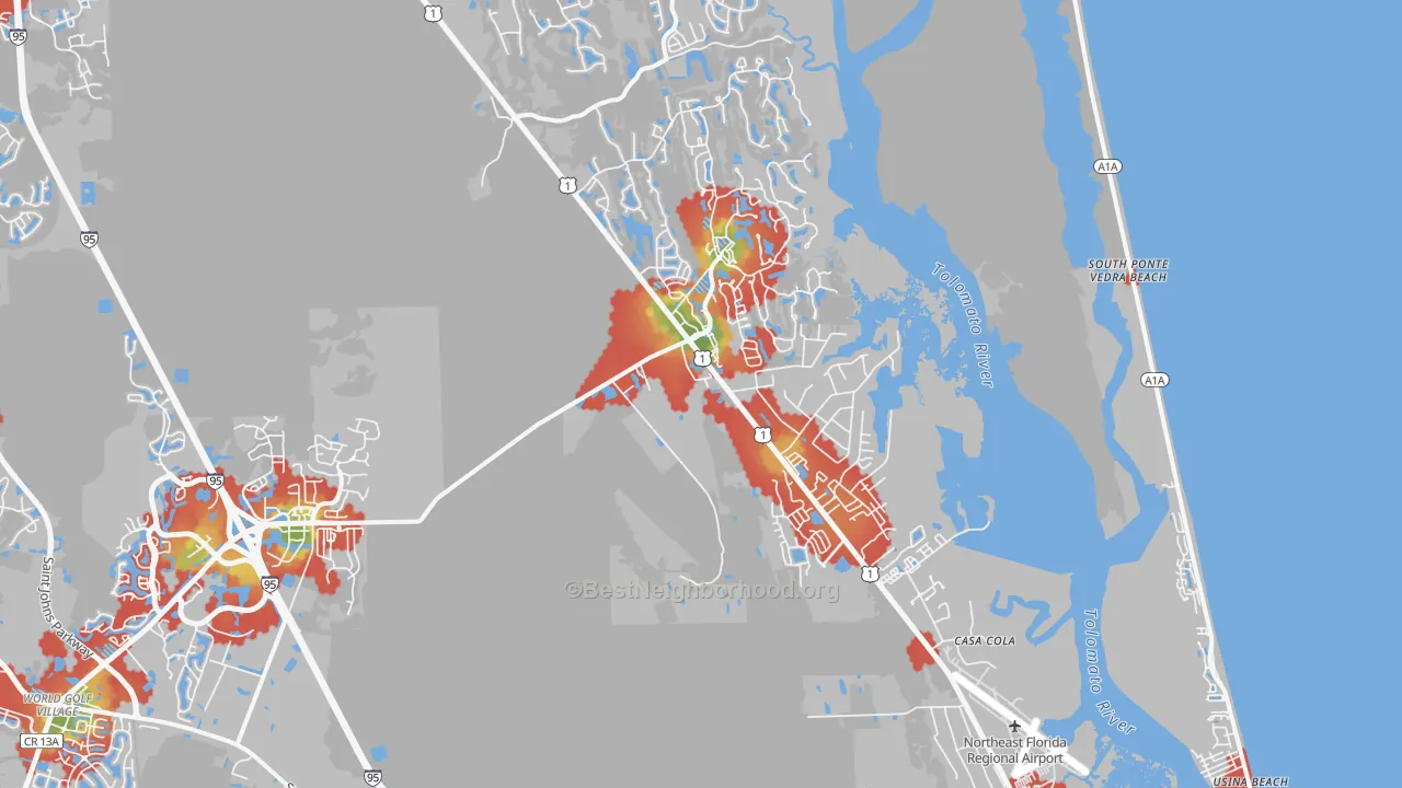 Walk Grade map of 32095, FL, walkable areas in green and car-dependent areas in red