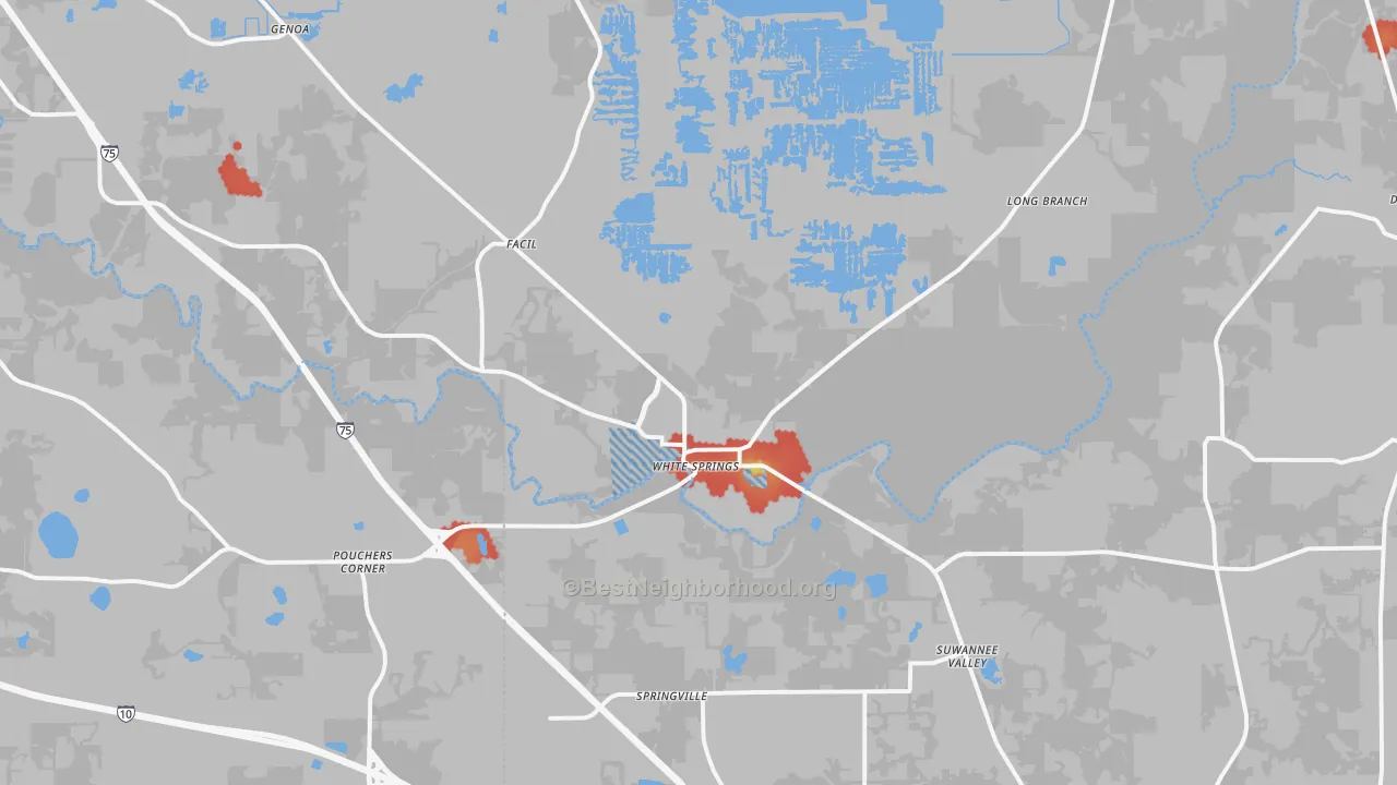 Walk Grade map of 32096, FL, walkable areas in green and car-dependent areas in red