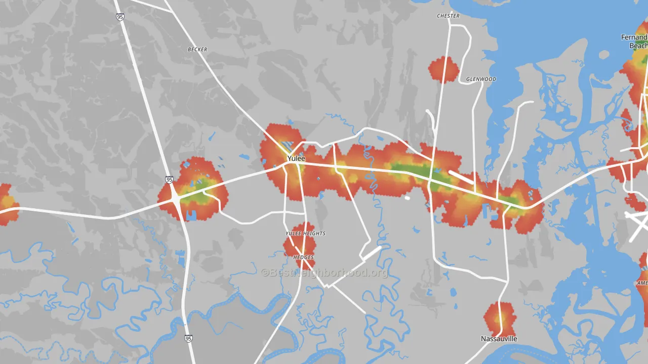 Walk Grade map of 32097, FL, walkable areas in green and car-dependent areas in red