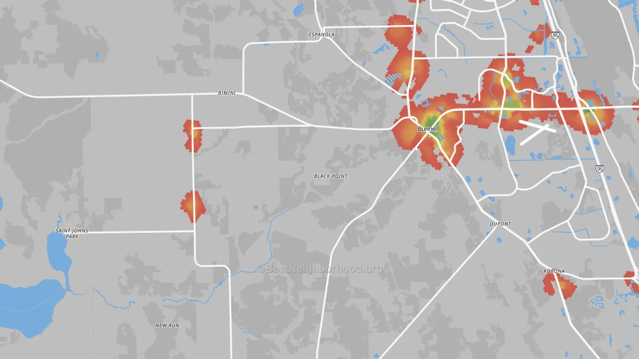 Walk Grade map of 32110, FL, walkable areas in green and car-dependent areas in red