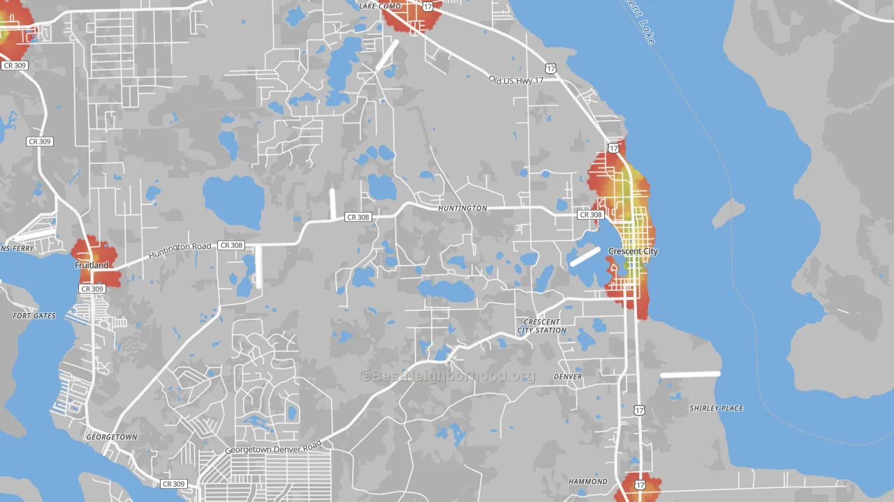 Walk Grade map of 32112, FL, walkable areas in green and car-dependent areas in red