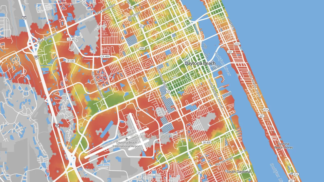 Walk Grade map of 32114, FL, walkable areas in green and car-dependent areas in red