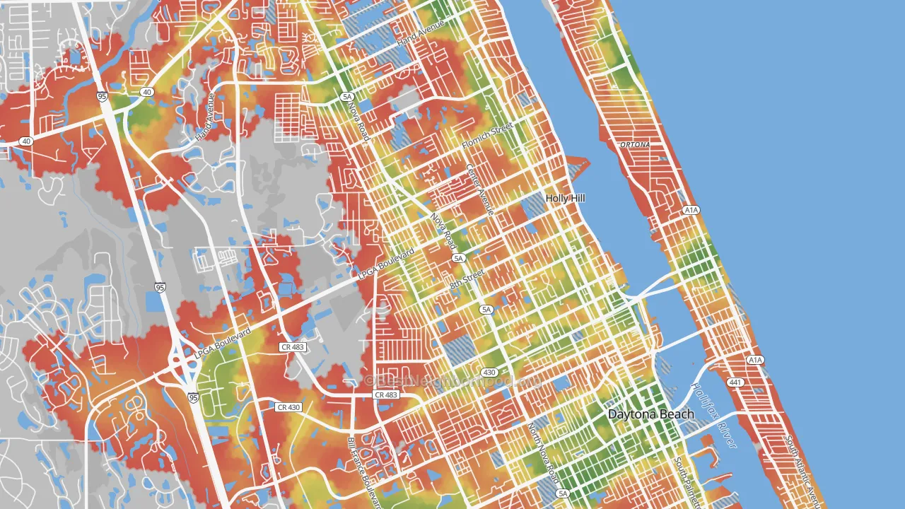 Walk Grade map of 32117, FL, walkable areas in green and car-dependent areas in red
