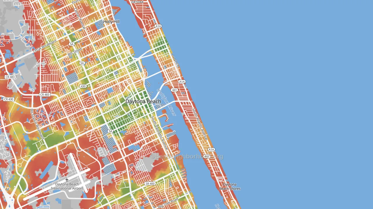 Walk Grade map of 32118, FL, walkable areas in green and car-dependent areas in red