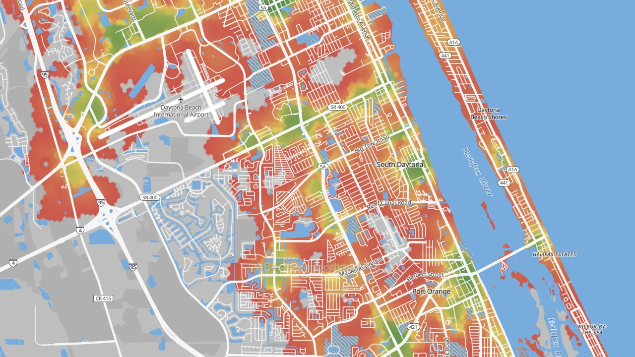 Walk Grade map of 32119, FL, walkable areas in green and car-dependent areas in red