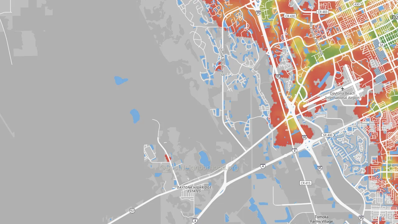 Walk Grade map of 32124, FL, walkable areas in green and car-dependent areas in red