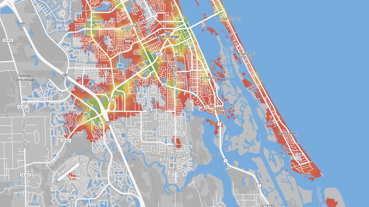 Walk Grade map of 32127, FL, walkable areas in green and car-dependent areas in red